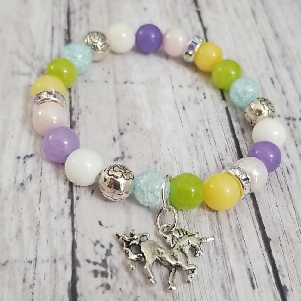 🦄 Multi gemstone, unicorn, kids, stretch bracelet